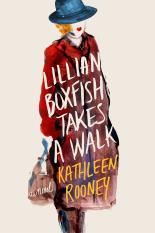 The cover of Lillian Boxfish Takes a Walk is a painting of a woman with short yellow hair and a blue hat in a long red coat and a brown handbag