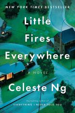 Little Fire Everywhere cover has a blue tent to a birds eye view of three houses in a neighborhood - one house has its lights on