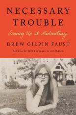 Necessary Trouble's cover's top half if orange with the text of the title and author of the book - the bottom half is a black and white photo of young Drew on a patch of grass in front of a house
