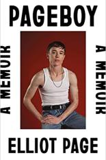 The cover of Pageboy by Elliot Page is white with a photo of Elliot Page in front of a red backdrop