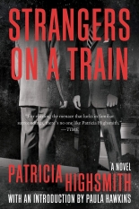 A black and white photo of two men in suits, their upper torsos cut off. STRANGERS ON A TRAIN and PATRICIA HIGHSMITH are in bold red font.
