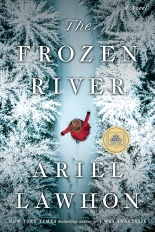 An overhead view of a blonde woman in a long red coat walking on a snow covered frozen river with frozen trees on the sides