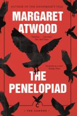 The cover of The Penelopiad is red with black silhouettes of hawks  