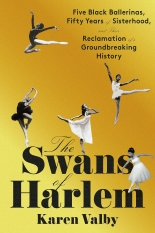 A yellow/gold background with black and white photos of ballerinas Lydia Abarca, Gayle McKinney-Griffith, Sheila Rohan, Marcia Sells, and Karlya Shelton
