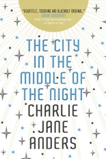 The City in the Middle of the Night cover with the words and author's name with four pointed stars all over