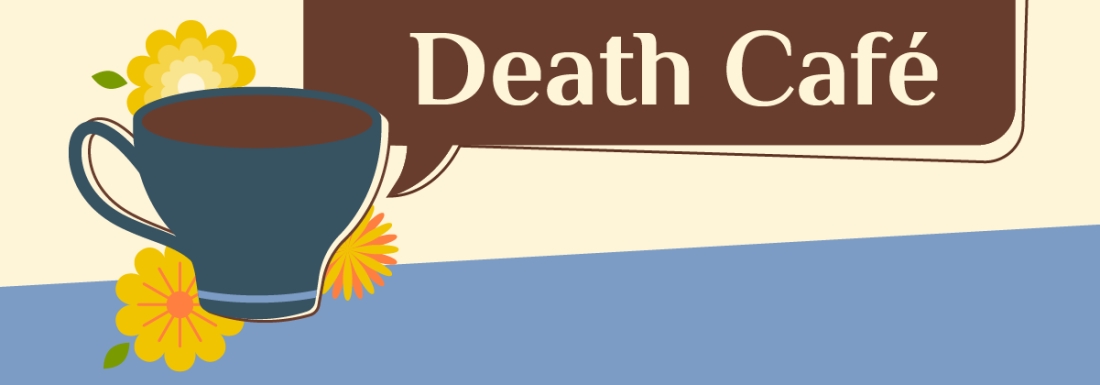 Death café graphic with coffee cup and flowers