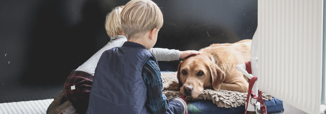 Two children with dog laying down