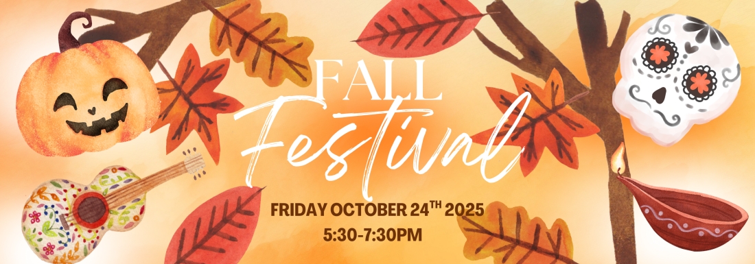 illustrations of sugar skull, fall leaves, pumpkin, and guitar