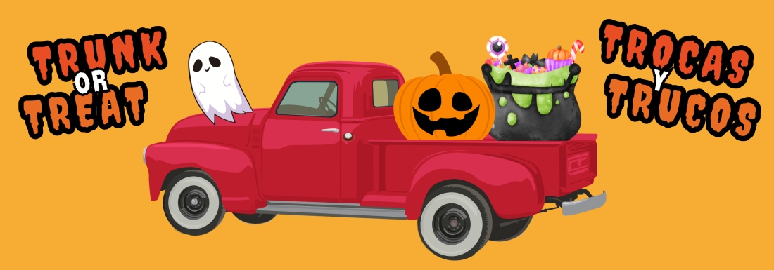 illustration of ghost, pumpkin, truck and cauldron