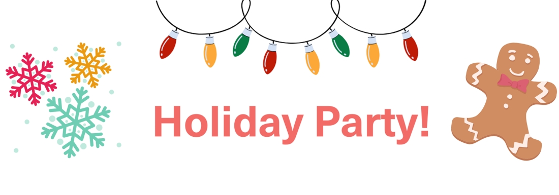 illustrations of snowflakes, holiday lights, and gingerbread man