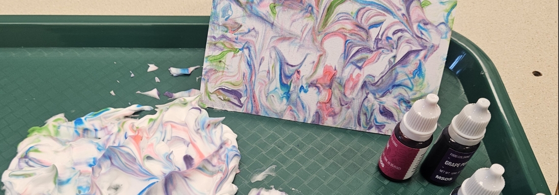 shaving cream, notecard, and food coloring