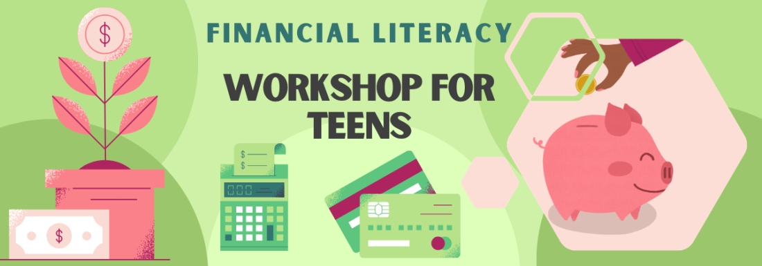 illustrations of bank, plant, calculator, credit cards