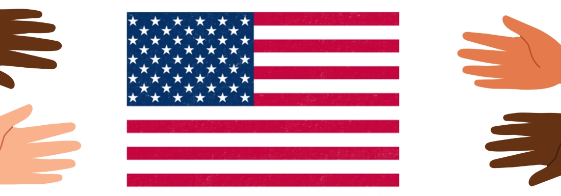 American flag surrounded by hands of various skin tone