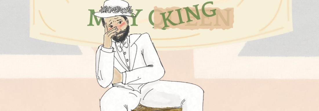 illustration of man in white suit and hat in front of banner