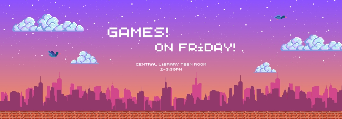 8 bit imagery of city skyline, birds, and clouds