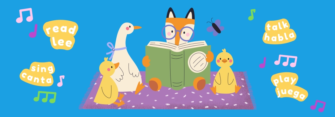 illustration of ducks, goose, and fox reading book