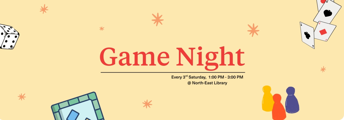 illustrations of meeples, dice, game board, and playing cards