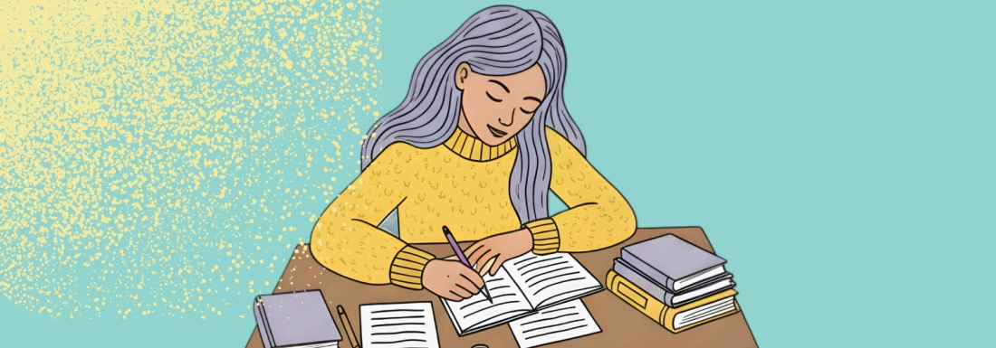 Illustration of woman writing in notebook