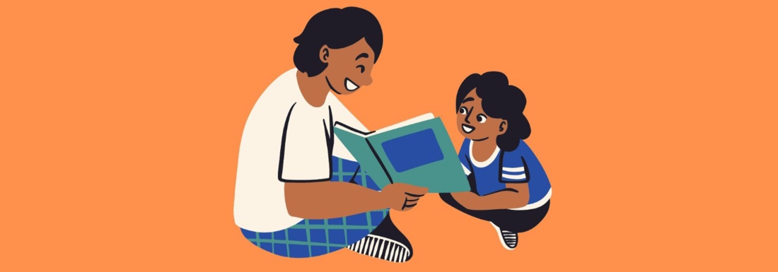 flat graphic of adult reading to child