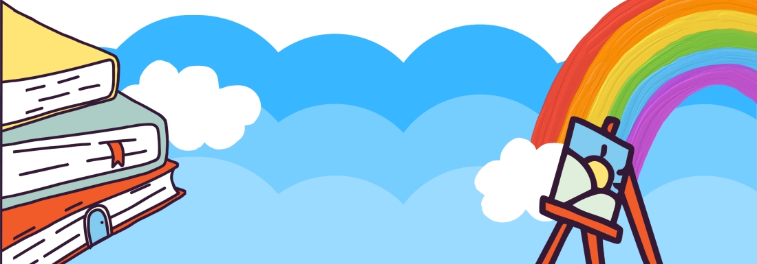 clouds and rainbow with books and art easel