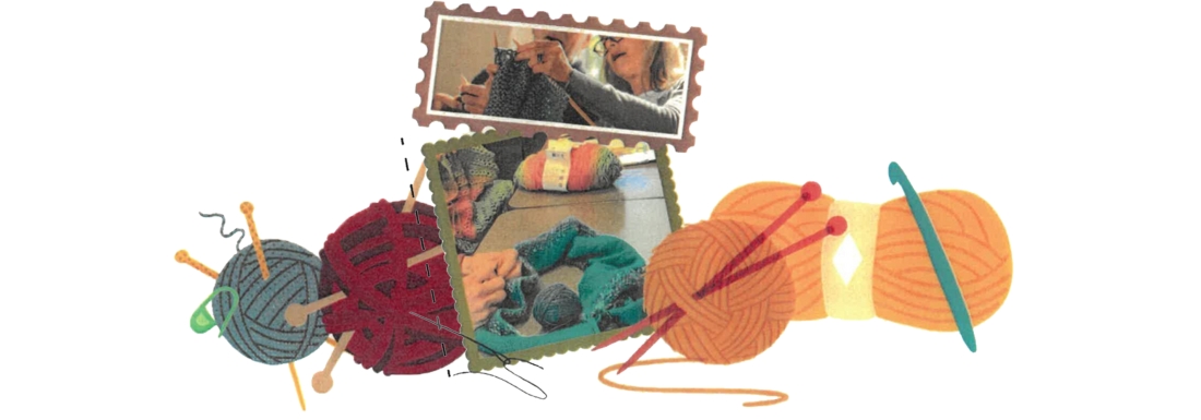 illustrations of knitting supplies with 2 pictures of knitters