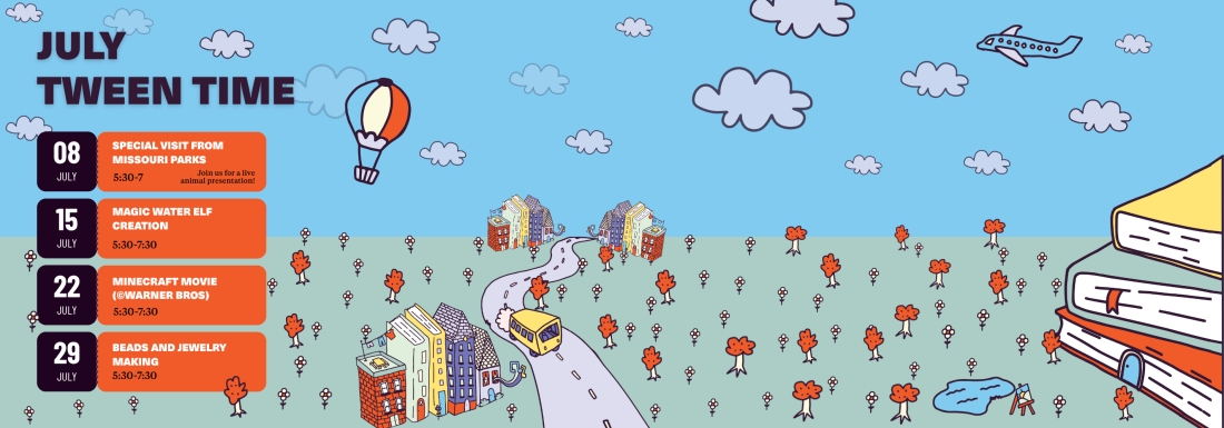 illustrations of bus, city, hot air balloon, airplane, pond, and books