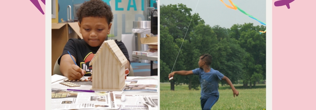 child with bird house and child flying kite