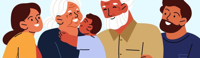 flat illustration of family of 5 of varying generations