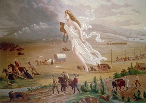 Painting os an ethereal women floating above pioneers on the prairie
