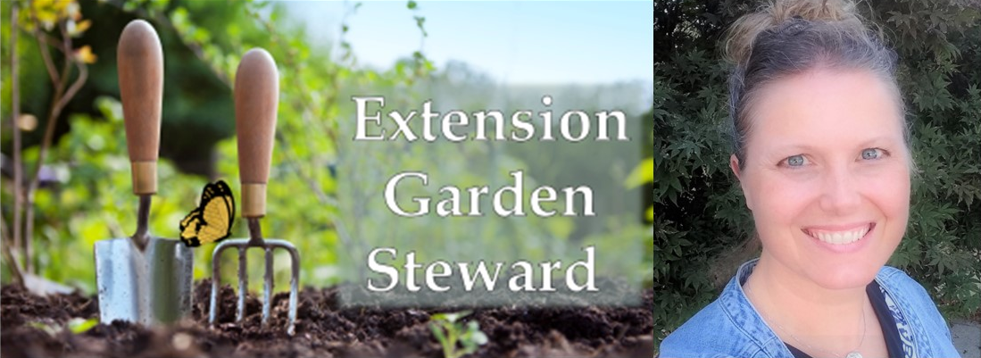 gardening supplies and headshot of woman