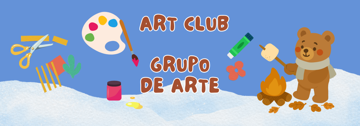 illustration of art supplies and bear roasting marshmallow