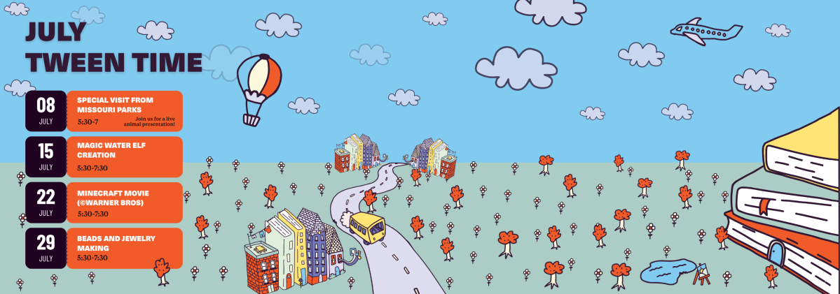 illustrations of bus, city, hot air balloon, airplane, pond, and books