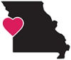 Outline of the state of Missouri with a heart located over Kansas City