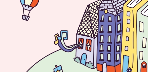illustration of houses in a row with hot air balloon