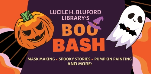 illustrations of bats, ghost, and Jack-o'-lantern