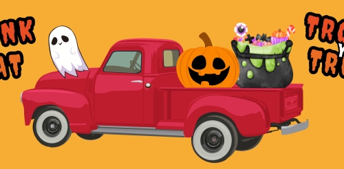 illustration of ghost, pumpkin, truck and cauldron