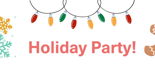 illustrations of snowflakes, holiday lights, and gingerbread man