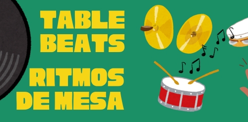 illustration of record, symbols, tambourine, drum, and hands clapping