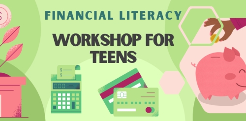 illustrations of bank, plant, calculator, credit cards