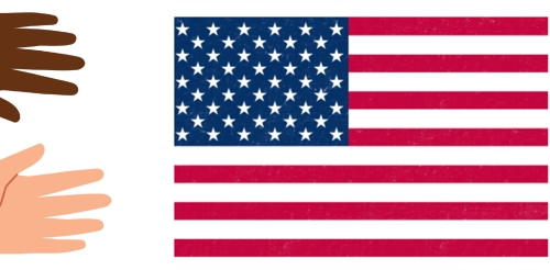 American flag surrounded by hands of various skin tone