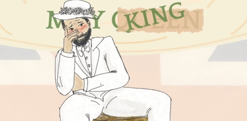 illustration of man in white suit and hat in front of banner