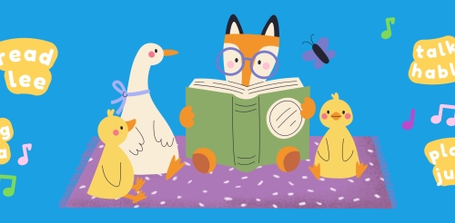 illustration of ducks, goose, and fox reading book
