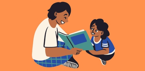 flat graphic of adult reading to child