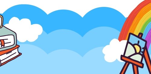 clouds and rainbow with books and art easel