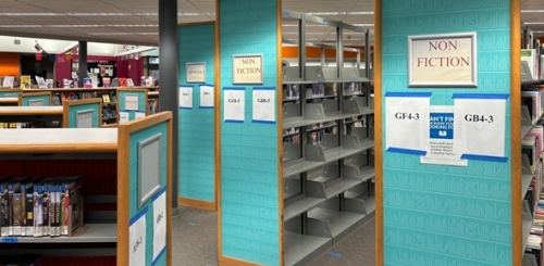 Newly labeled shelves at the Waldo Branch.