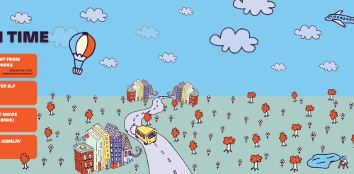 illustrations of bus, city, hot air balloon, airplane, pond, and books