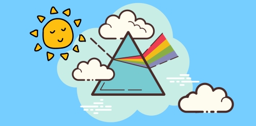 illustration of sun and glass pyramid with light reflected in rainbow