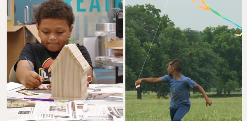 child with bird house and child flying kite